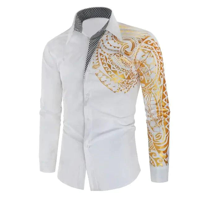 Luxury gold and black men's slim fit long sleeve shirt by MANDOTOS, featuring a stylish and modern design.