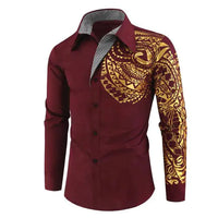 Mandotos luxury gold black men's slim fit long sleeve shirt displayed on a hanger, stylish and modern men's fashion.