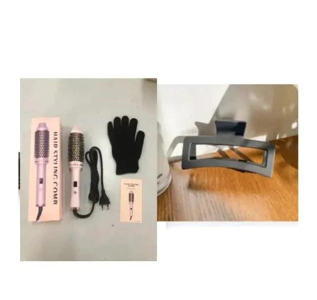 Mandotos 2-in-1 hair curler and straightener comb with ceramic plates, black and silver design, suitable for versatile hairstyling.