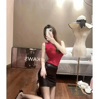 Mandotos black imitation leather high-waist pencil mini skirt, Korean fashion for women, summer style, front view.