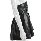 Mandotos black leather lace-up skirt with front lacing detail, fitted design, and high waist for a stylish, edgy look.