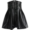 Mandotos black leather lace-up skirt with front lacing detail, fitted design, and high waist for a stylish, edgy look.