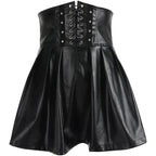 Mandotos black leather lace-up skirt with front lacing detail, fitted design, and high waist for a stylish, edgy look.