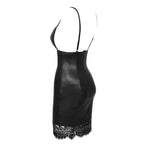 Black MANDOTOS bodycon PU leather mini dress with deep V-neck, spaghetti straps, and lace patchwork, available in sizes S to XL.