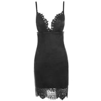 Mandotos black bodycon PU leather mini dress with deep V neckline, spaghetti straps, and lace patchwork, available in sizes S to XL.