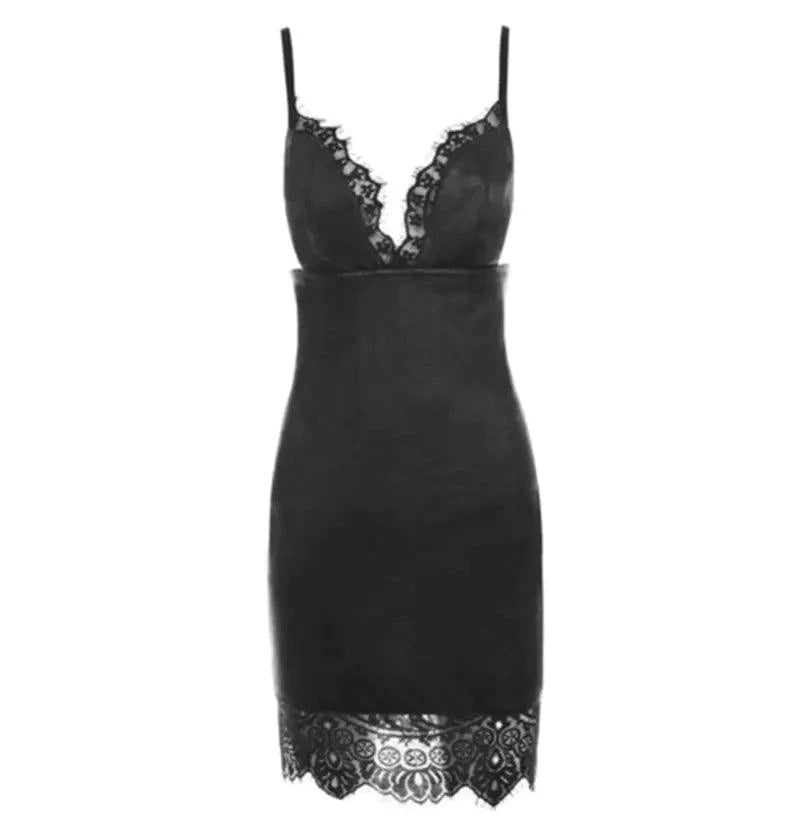 Mandotos black bodycon PU leather mini dress with deep V neck, spaghetti straps, and lace patchwork in size S to XL.