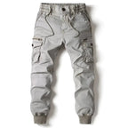 Mandotos men's gray cotton cargo pants with full-length tactical design and multiple pockets for military-style utility.