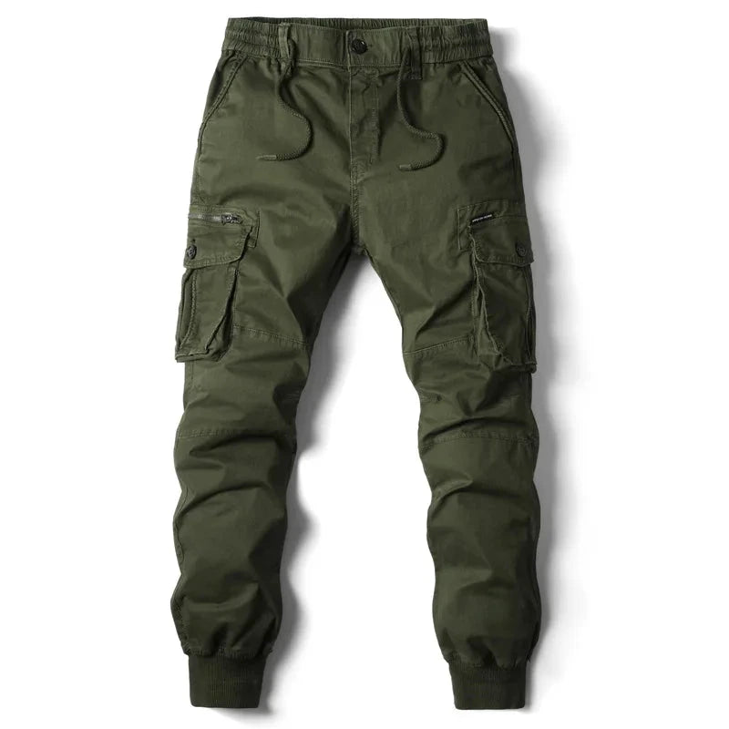 Mandotos men's gray cotton cargo pants featuring full-length tactical military-style trousers with multiple pockets and durable design.