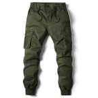 Mandotos men's gray cotton tactical cargo pants with full-length design, military-inspired cargo trousers for outdoor and casual wear.