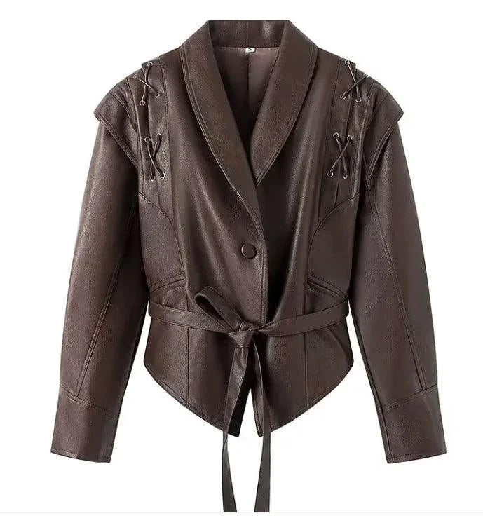 Mandotos women's casual long sleeve polyester coat in classic brown, loose fit, stylish outerwear for cold weather.