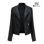 Mandotos chic black leather coat with feminine design, zipper pockets, and biker style details, perfect for a stylish look.