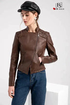 Mandotos Chic feminine black leather coat with zipper pockets and biker-style details, stylish outerwear for women.