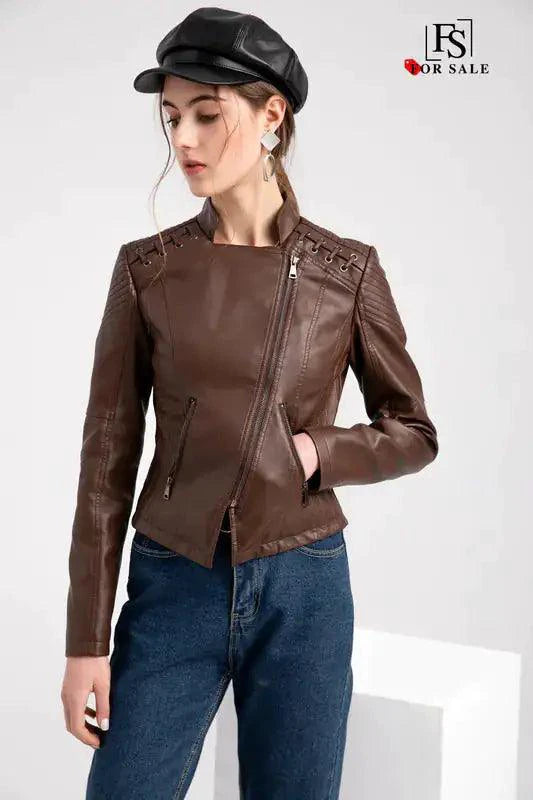 Mandotos chic black leather coat with feminine design, zipper pockets, and biker style details, perfect for a stylish look.