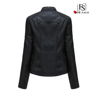 Mandotos chic black leather coat for women with zipper pockets and biker-style details, stylish and feminine outerwear.