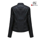 Mandotos chic black leather coat for women with zipper pockets and biker-style details, stylish and feminine outerwear.