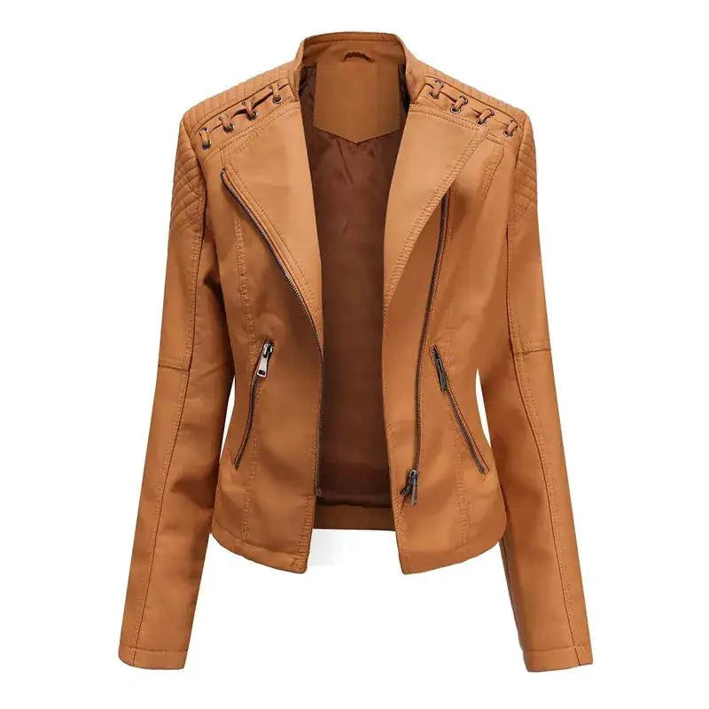 Mandotos chic black leather coat with feminine fit, zipper pockets, and biker-style details, showcasing stylish and edgy outerwear.