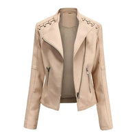 Mandotos Chic black leather coat for women with zipper pockets and biker style details, stylish and feminine outerwear.