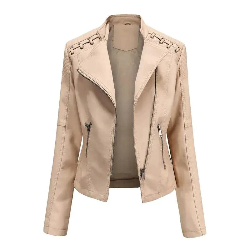 Mandotos chic black leather coat for women with zipper pockets and biker style details, stylish and feminine outerwear.