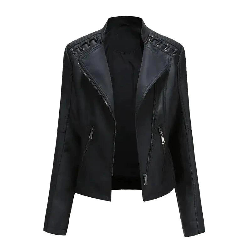 Mandotos chic feminine black leather coat with zipper pockets and biker style details, stylish outerwear for women