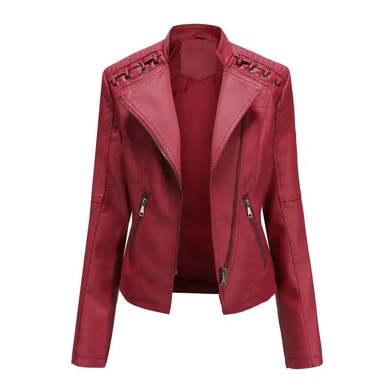 Mandotos chic feminine black leather coat with zipper pockets and biker-style details, stylish outerwear for women.