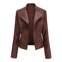 Mandotos chic black leather coat with feminine fit, zipper pockets, and biker style details, perfect for a stylish edgy look.