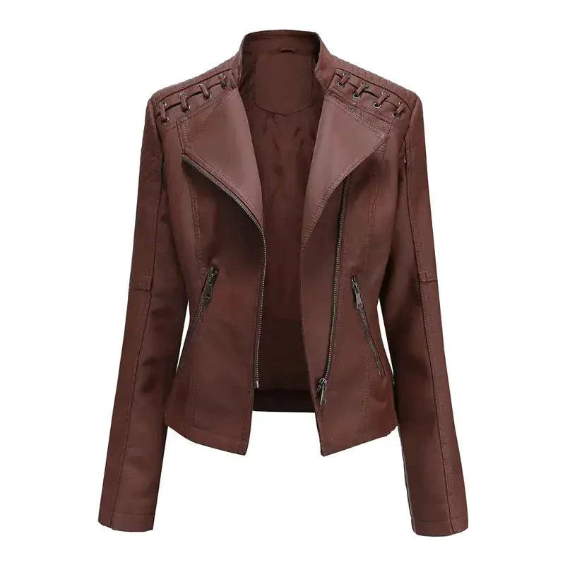 Mandotos chic black leather coat with feminine fit, zipper pockets, and biker style details, perfect for a stylish edgy look.