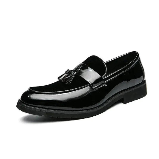 Mandotos men's blue leather loafers with a college-inspired design, handcrafted premium dress shoes, featuring sleek style and stitching.