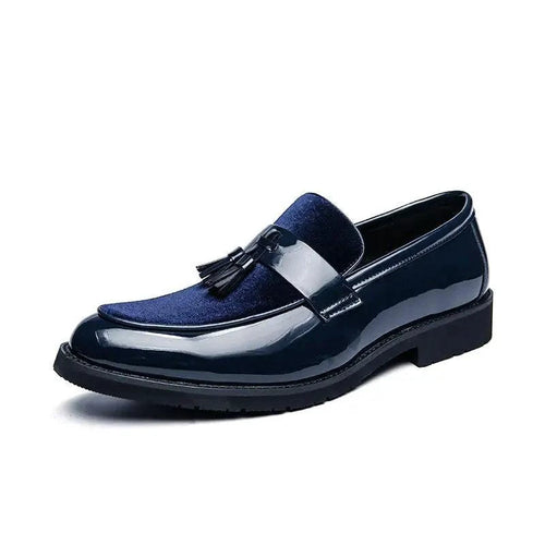 Blue leather men's loafers from Mandotos, college-inspired handcrafted dress shoes with sleek design and premium finish.