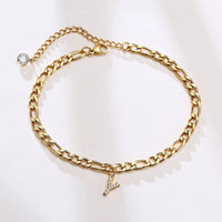 Mandotos crystal A-Z letter initial anklet for women with Cuban link stainless steel design, beach-ready accessory.