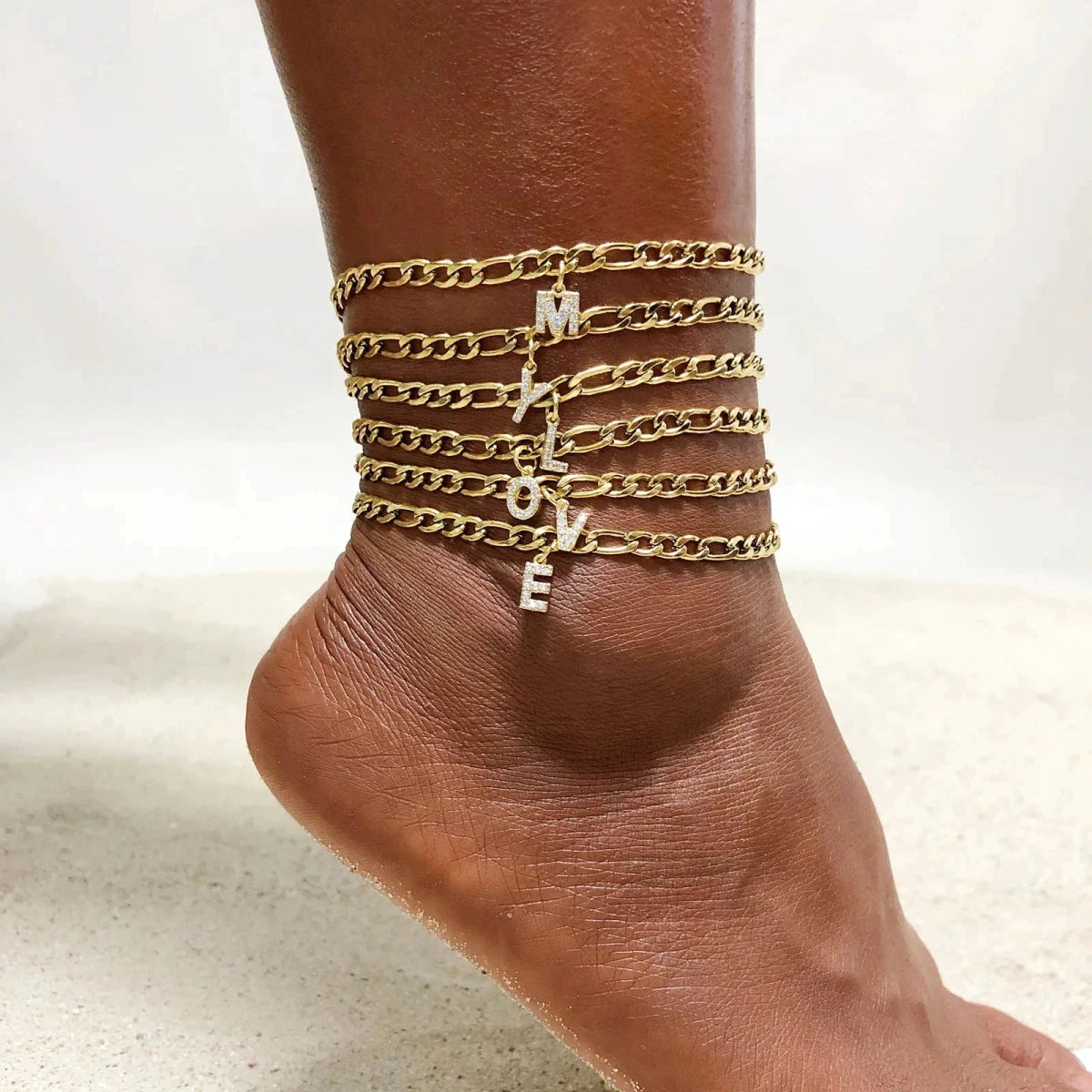 Mandotos crystal A-Z letter initial anklet for women with Cuban link stainless steel design, beach-ready jewelry accessory
