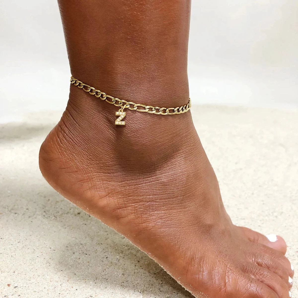Mandotos crystal A-Z letter initial anklet for women with Cuban link chain, stainless steel beach ankle jewelry.