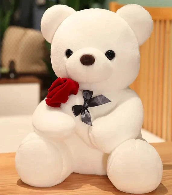 Mandotos Cuddly Rose Teddy Pillow with red rose detail and plush bear in sizes 25, 35, and 45 cm, soft and decorative.