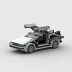 Mandotos DeLorean Time Travel Set with 214 gray building pieces for detailed model construction and imaginative play.