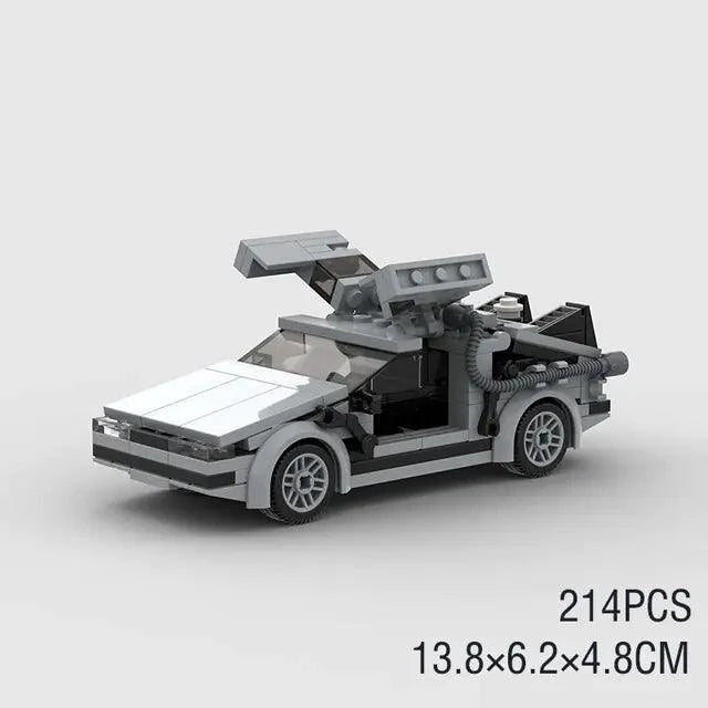 Mandotos DeLorean time travel set with 214 gray building pieces, detailed model of a DeLorean car for imaginative play.