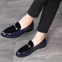 Mandotos men's navy leather loafers, slip-on dress shoes with classic design and premium leather construction.