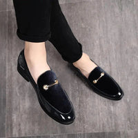 Mandotos men's navy leather loafers, slip-on dress shoes with premium leather construction and classic design.