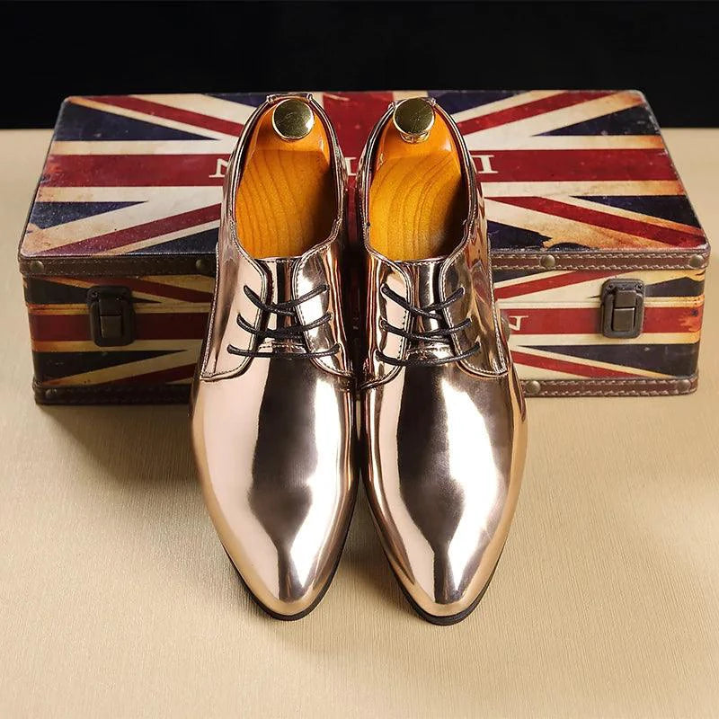 Mandotos metallic rose gold men's dress shoes with a classic formal office shoe silhouette, polished and stylish for professional wear.