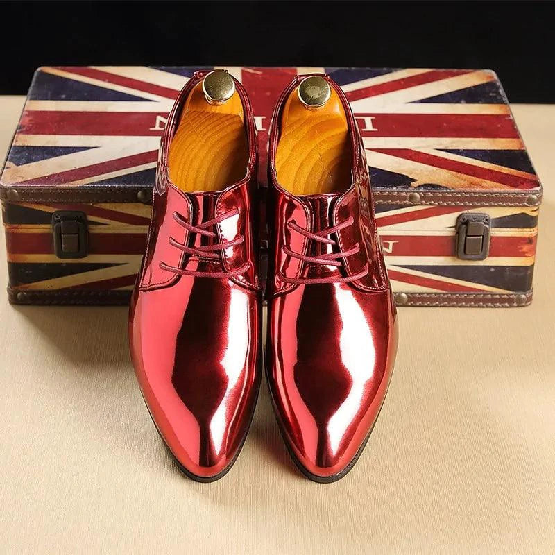 Mandotos metallic rose gold men's dress shoes with a classic formal office footwear silhouette, featuring sleek, polished design.