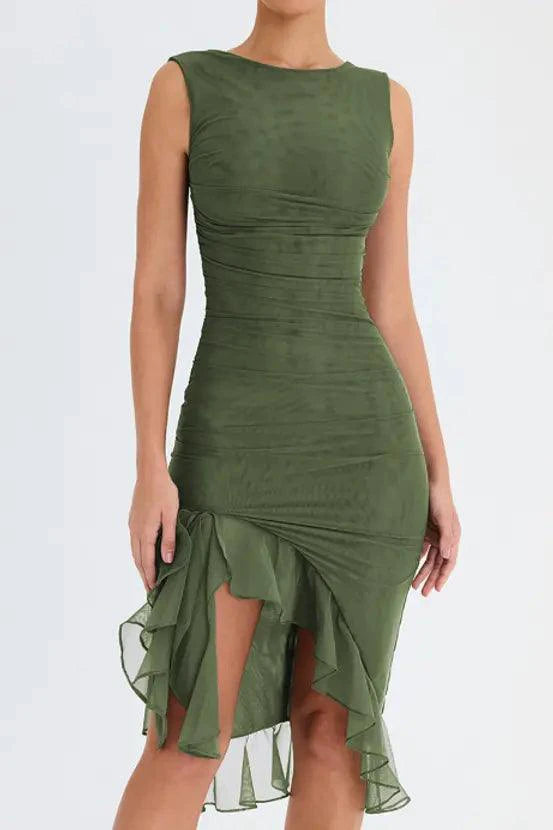 Olive green Mandotos midi dress with ruffled hem, ruched bodice, and tiered details, perfect for summer wear.