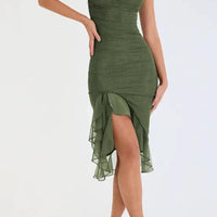 Mandotos olive green ruffled midi dress with ruched bodice and tiered hem, perfect for summer wear.
