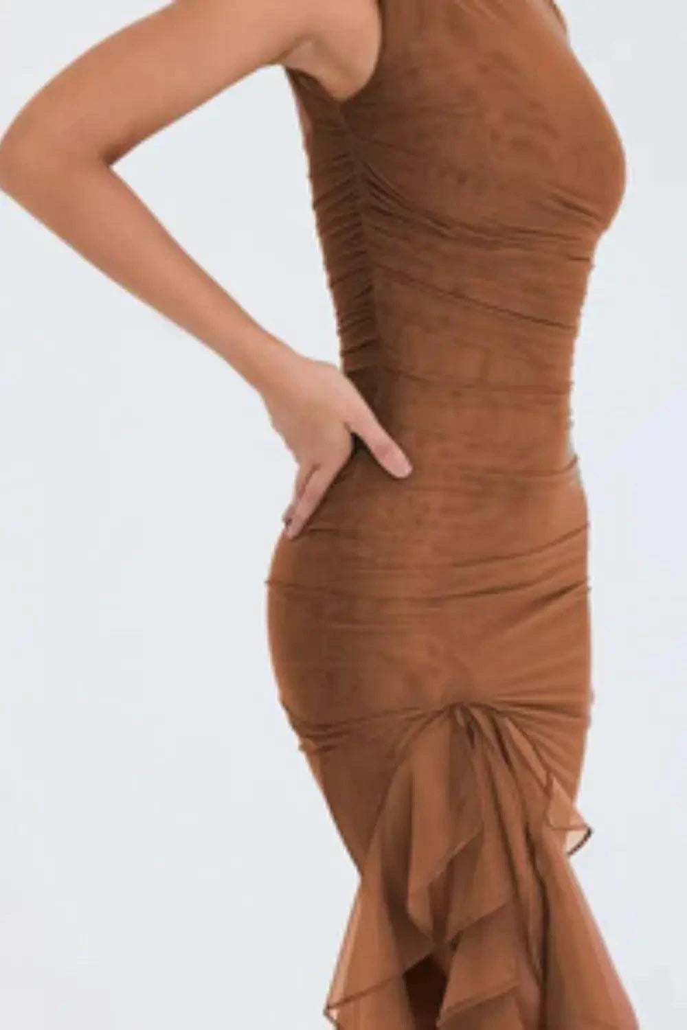 Mandotos olive green ruffled midi dress with ruched bodice and tiered hem, perfect for summer wear.