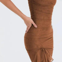 Olive green Mandotos ruffled midi dress with ruched bodice and tiered hem, perfect for summer wear.