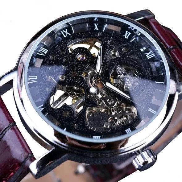 Mandotos men's mechanical watch with black dial and stainless steel band, showcasing classic design and precise timekeeping.