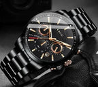 Mandotos men's fashion sport quartz watch with black dial and metal strap, stylish men's wristwatch for casual and active wear.