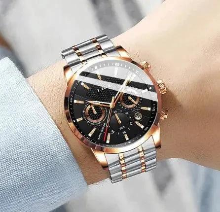 Mandotos men's fashion sport quartz watch with black dial and stainless steel strap, stylish men's wristwatch for active wear.