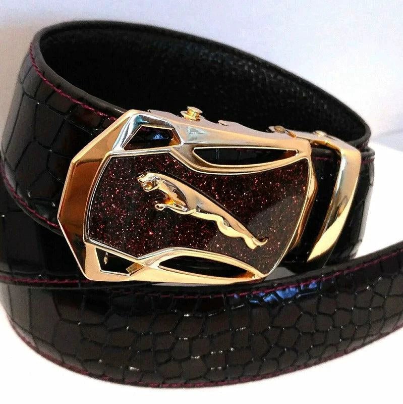 Men's leather belt with automatic buckle featuring a leopard sports car design, by MANDOTOS.