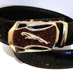 Men's leather belt with automatic buckle featuring a leopard and sports car design by MANDOTOS.