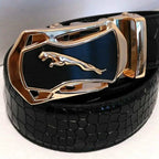 Men's leather belt with automatic buckle featuring a leopard sports car design by MANDOTOS, stylish and sleek accessory.