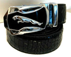 Men's leather belt with automatic buckle featuring a leopard and sports car design by MANDOTOS.