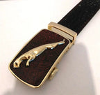 Men's leather belt with automatic buckle featuring a leopard and sports car design, stylish accessory by MANDOTOS.